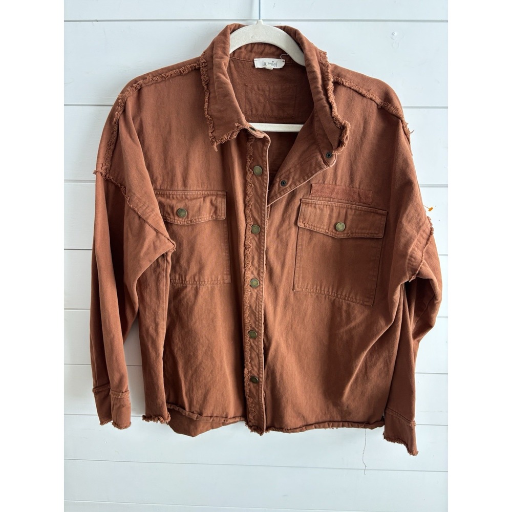 La Miel | Rust Orange Frayed Hem Oversized Shirt Jacket Shacket Size Medium 0673